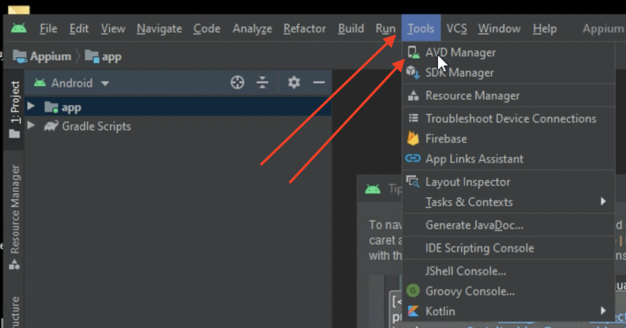 AVD Manager in Windows